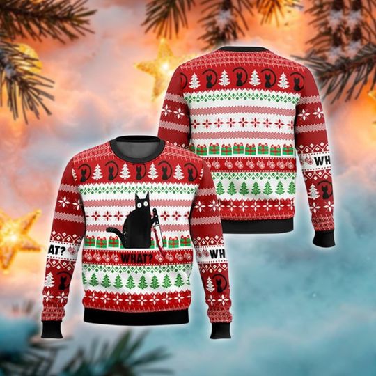 Murder Cat What Ugly Christmas Sweater, Funny Black Cat Meme Xmas Jumper, Sarcastic Holiday Sweatshirt, Gift For Cat Mom