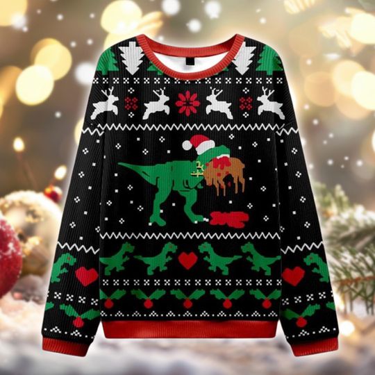 T-Rex Ugly Christmas Sweater, Dinosaur Eating Gingerbread Xmas Jumper, Funny Holiday Sweatshirt, Gift for Him Her