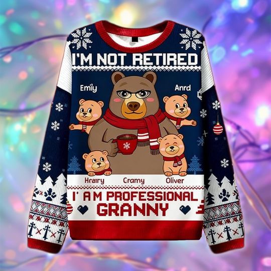 Discover Professional Granny Christmas Ugly Sweater, Personalized Grandma Bear Gift, Funny Retirement Holiday Sweatshirt, Grandkids Xmas Gift