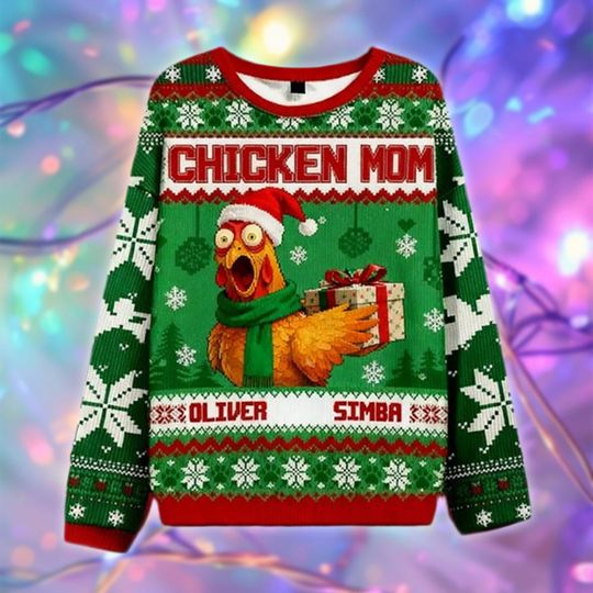 Discover Chicken Mom Christmas Sweater, Personalized Pet Name Holiday Sweater, Funny Chicken Lover Gift, Ugly Xmas Sweatshirt