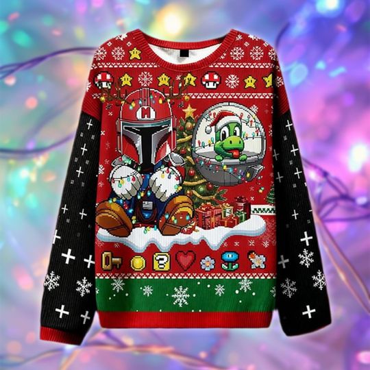 Star Space Bros Christmas Sweater, Pixel Gaming Holiday Sweater, Ugly Sci-Fi Video Game Gift, Baby Alien Xmas Sweatshirt
