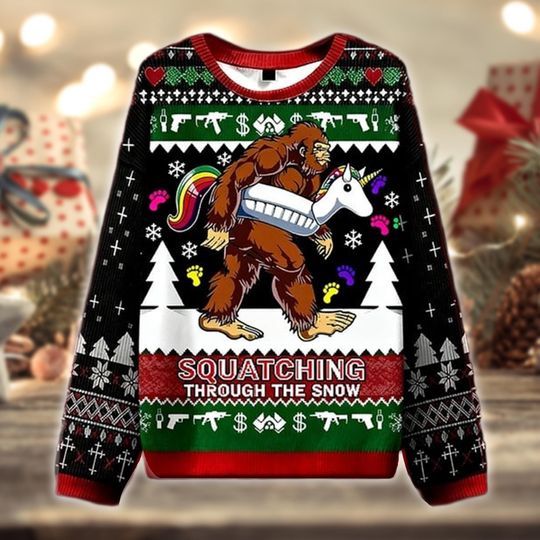 Squatching Through The Snow Sweater, Bigfoot Unicorn Ugly Xmas, Funny Sasquatch Holiday Gift, Cryptid Fan Sweater