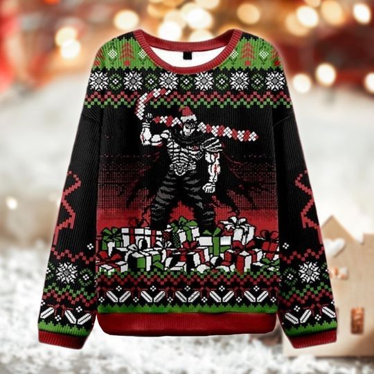 Discover Skeleton Santa Christmas Sweater, Horror Ugly Holiday Sweatshirt, Candy Cane Warrior Gift, Scary Xmas Biker Sweater