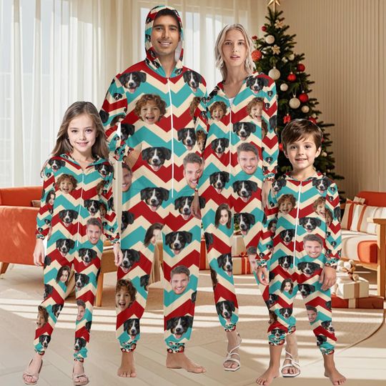 Discover Custom Christmas Hooded Onesie Pajamas Kids Adult, Personalized Pet Photo Matching Family PJs,One-Piece Pajamas with Face Party Gifts
