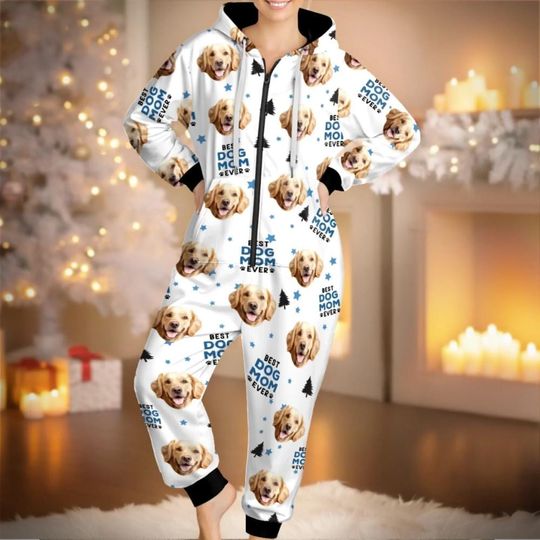 Custom Photo Adult Onesie, Best Dog Mom Ever Pajamas, Christmas Gifts For Dog Cat Lovers, Dog Dad And Mom,Couple Hooded Onesie Jumpsuits