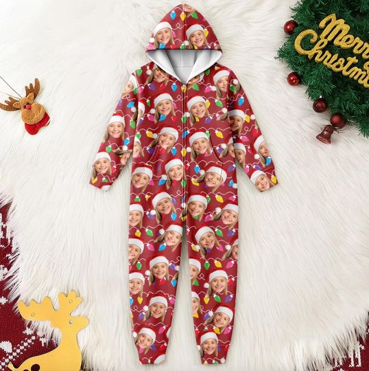 Discover Custom Human Face Photo With Colorful Christmas Lights Onesie Pajamas
