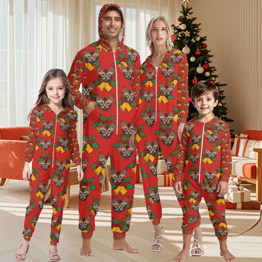 Discover Custom Family Photo Hooded Pajamas,Personalized Pet Photo One-Piece Kids Adult,Family Photo Pajamas Christmas Gifts