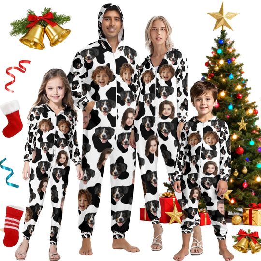 Discover Custom Face Photo Family Set,Personalized Dog Photos Pajamas,Christmas Pajamas Kids Adult,Custom Face Zipper One-Piece