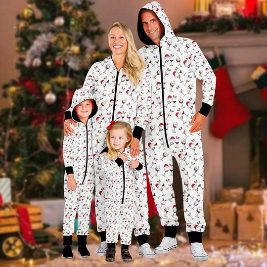 Discover Wine Glass Christmas Onesie Pajamas, Gwen Santa Hat Reindeer Jumpsuit, Christmas Drinking Jumpsuit, Winter One-piece Pajamas For Family