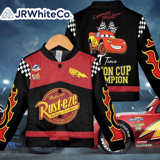 Discover Vintage Lightning McQueen 95 Fleece Bomber Jacket, Rust-Eze Racing Champion Jacket, Radiator Springs Outfit, Family Disney Trip Jacket
