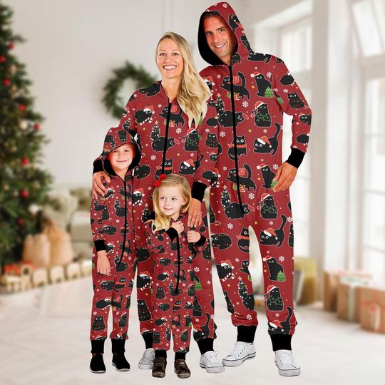 Christmas Black Cat Kigurumi, One-piece Pajama, Black Cat Fleece Jumpsuit, Christmas Cosplay, Christmas Gift , Birthday Gift