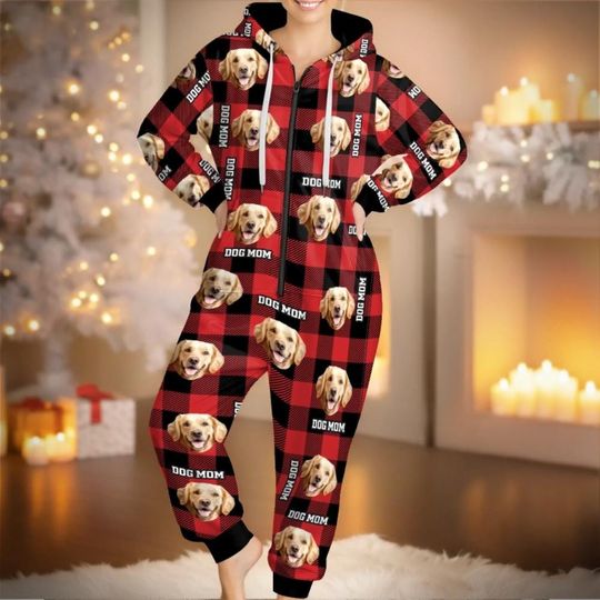 Discover Custom Photo Adult Onesie, Best Dog Mom Ever Pajamas, Christmas Gifts For Dog Cat Lovers, Dog Dad And Mom, Couple Hooded Onesie Jumpsuits