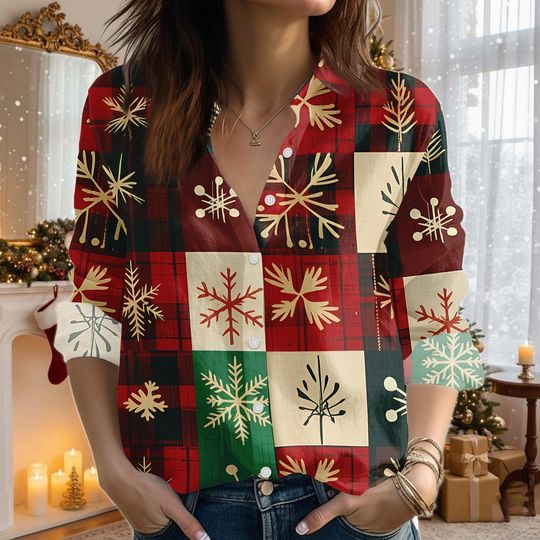 Discover Trendy Plaid Christmas Blouse Shirt, Snowflake Holiday Shirt, Xmas Women Shirt, Christmas Gift