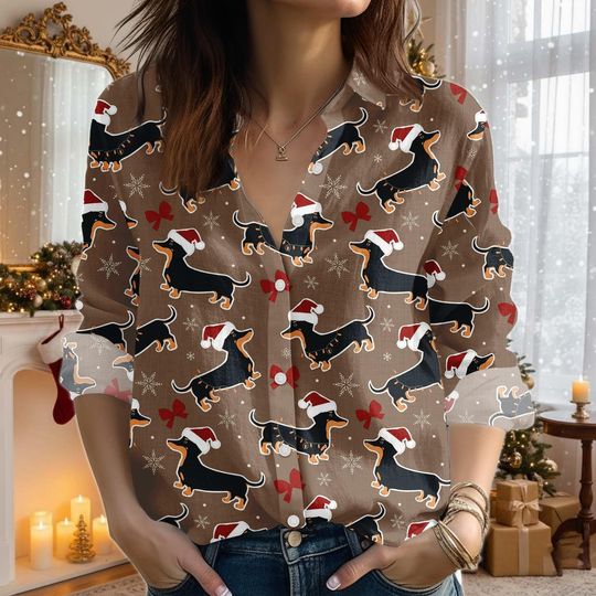 Discover Dachshund Christmas Blouse Shirt, Dog Lover Xmas Shirt, Sausage Dog Women Shirt, Gift For Women, Cute Holiday Gift