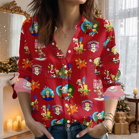 Discover Christmas Simpson Blouse Shirt, Simpson Family Casual Shirt, Homer Simpson Holiday Shirt, Disney Cartoon Xmas Shirt, Christmas Gift