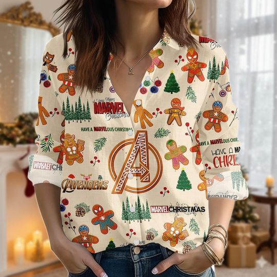 Avengers Christmas Blouse Shirt, Spiderman Women Shirt, Marvel Gingerbread Shirt, Superhero Casual Shirt, Mcu Fan Gift