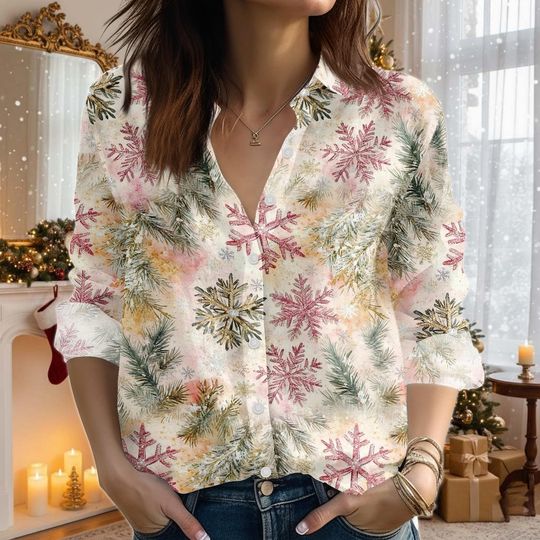 Discover Retro Snowflake Christmas Blouse Shirt, Snowy Branches Women Shirt, Holiday Shirt For Her