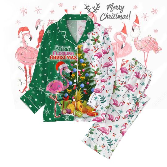 Flamingo Christmas Pajamas Set, Funny Flamingo Pajamas Set, Pink Animal Xmas Pajamas, Cute Pink Flamingo Pajamas, Marry Christmas Gift