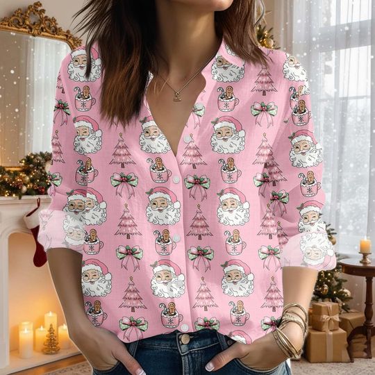Discover Pink Santa Retro Christmas Shirt, Holiday Tree Xmas Blouse Shirt, Pink Christmas Holiday Shirt, Gift For Her
