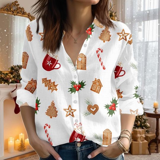 Discover Christmas Blouse Shirt, Gingerbread Candy Cane Xmas Shirt, Festive Holiday Gift, Women Shirt