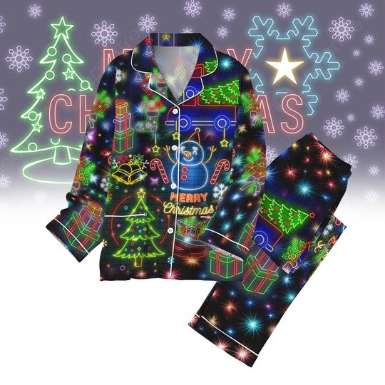 Christmas Bright Neon Lighting Pajamas Set, Merry Christmas Sleepwear, Santa Claus Loungewear Set, Xmas PJS For Women Men