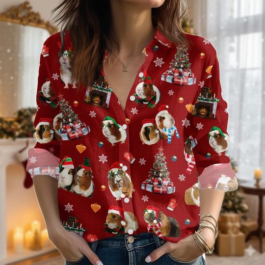 Discover Christmas Blouse Shirt, Guinea Pig Women Shirt, Hamster Santa Casual Shirt, Farm Animal Holiday Shirt, Pet Lover Gift