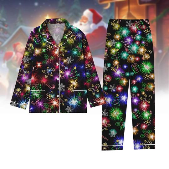 Discover Christmas Bright Neon Lighting Pajamas Set, Neon Lighting Holiday Pajamas, Christmas Symbols Pajamas, Merry Xmas Pjs, Pajamas For Party