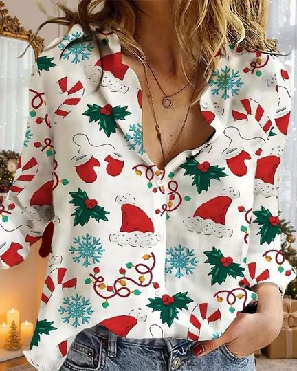 Discover Christmas Theme Linen Shirt, Reindeer Linen Shirt, Christmas Tree Button Down Shirt, Christmas Blouse Women Shirt, Xmas Gifts For Mom
