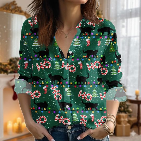 Black Cat Christmas Blouse Shirt, Santa Hat Cat Women Shirt, Christmas Tree Lights Shirt, Funny Merry Catmas Shirt
