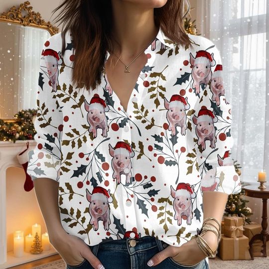 Christmas Pig Blouse Shirt, Piggies Pink Women Shirt, Animal Holiday Shirt, Funny Santa Claus Shirt, Farmer Xmas Gift