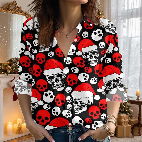 Discover Skeleton Christmas Blouse Shirt, Skull Santa Women Shirt, Merry Christmas Holiday Shirt, Funny Christmas Shirt, Xmas Party Gift