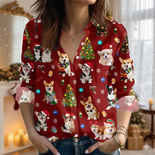 Corgi Christmas Blouse Shirt, Corgi Mom Women Shirt, Corgi Holiday Shirt, Gift For Dog Lover, Corgi Lover Gift, Xmas Corgi Shirt