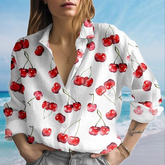 Cherry Blouse Shirt, Minimalist Fruit Women Shirt, Cottagecore Casual Shirt, Vacation Shirt, Gift For Her