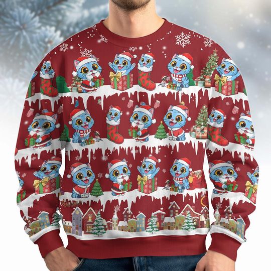 Discover Blue Tiger Ugly Christmas Sweater, Kpop Tiger Kitten Sweater, Cute Xmas Holiday Gift For Men Women