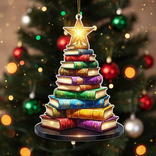 Discover Personalized Book Tree Ornament, Custom Name Acrylic Ornament 2025, Book Lover Gift, Librarian Christmas Decor, Reading Teacher Keepsake