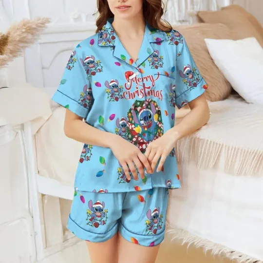 Discover Funny Stitch Santa Hat Christmas Lights Merry Xmas Satin Pajamas Short Set