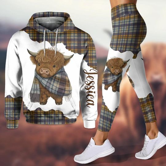 Discover Tartan Highland Cow Personalized Hoodie Leggings Set, Plaid Farm Cow Hooded Sweatshirt for Farmer, Cow Lover Sport Leggings