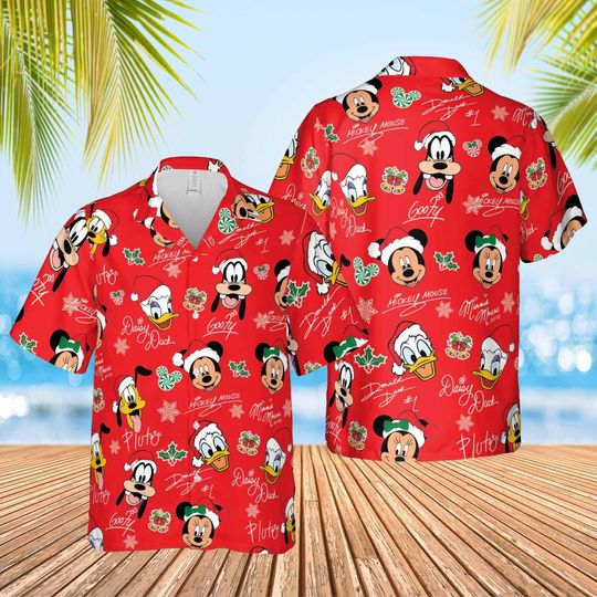 Discover Disney Mickey And Friends Christmas Hawaiian Shirt, Minnie Mouse Goofy Daisy Donald Pluto Hawaii Shirt, Winter Christmas Disney Hawaiian