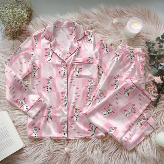 Discover Disney Olaf Christmas Satin Pajamas Set, Disney Party Sleepwear, Snowman Pajamas Set, Olaf Christmas Party Gift