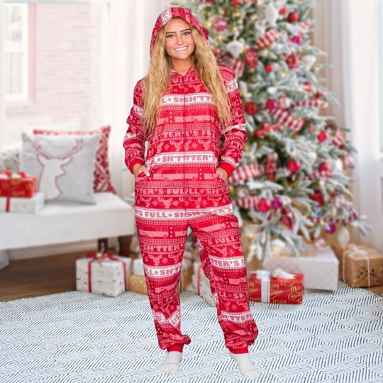 Discover Red Funny Christmas Onesie, Adult Holiday Jumpsuit Pajamas, Ugly Sweater Pattern Sleepwear, Festive Winter Loungewear