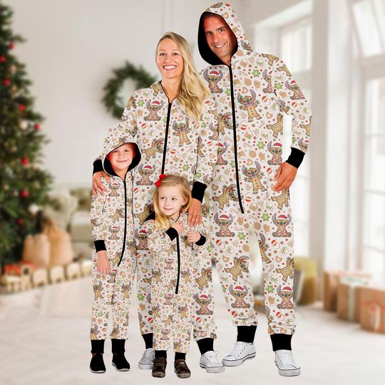 Discover Stitch Gingerbread Family Christmas Onesie Pajamas, Cute Cartoon Matching Jumpsuit Set, Funny Festive Sleepwear Gift, Xmas Gift
