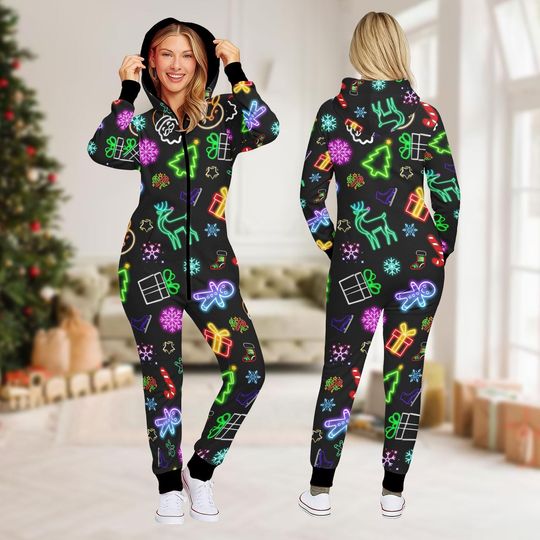 Discover Neon Christmas Lights Family Onesie Pajamas, Neon Festive Matching Jumpsuit Set, Funny Holiday Sleepwear, Xmas Gift for Family