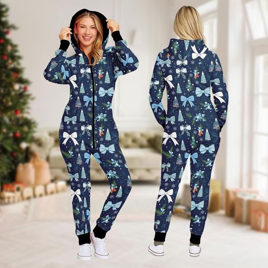 Blue Bow Christmas Tree Family Onesie Pajamas, Matching Holiday Jumpsuit Set, Cute Festive Sleepwear, Xmas Gift for Family