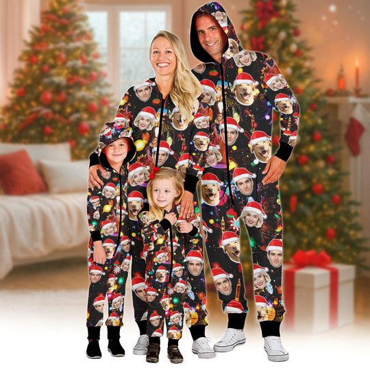 Discover Custom Face Family Christmas Onesie Pajamas, Funny Personalized Photo Hooded Jumpsuit, Matching Xmas Outfit Gift, Gift For Family