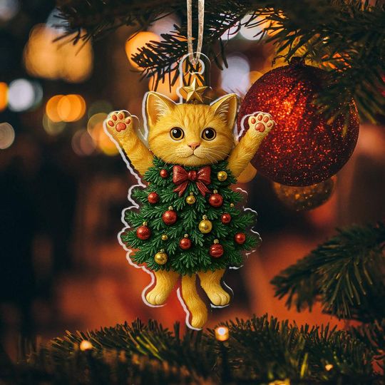 Discover Funny Cat Christmas Ornament, Acrylic Cat Tree Ornament, Cute Kitty Holiday Decor, Christmas Gift for Cat Lovers, Pet Themed Tree Decoration