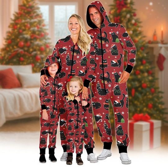 Black Cat Christmas Family Onesie Pajamas, Matching Hooded Jumpsuit Set, Cute Holiday Outfit Gift for Family, Xmas Matching Gift