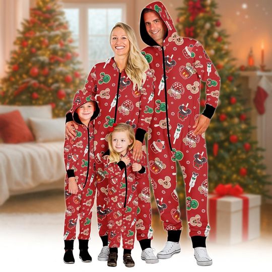 Discover Disney Cookie Christmas Family Onesie Pajamas, Cute Mickey Treat Matching Jumpsuit, Red Holiday Outfit Gift, Xmas Matching Gift