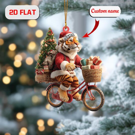 Discover Tiger Christmas Ornament, Personalized Funny Santa Tiger on Bike Decoration, Cute Animal Acrylic Keepsake, Holiday Gift for Wildlife Lovers