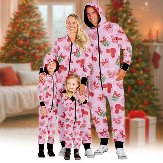 Discover Pink Bow Christmas Family Onesie Pajamas, Cute Minnie Mouse Gift Print Jumpsuit, Matching Holiday Outfit Set, Christmas Family Gift