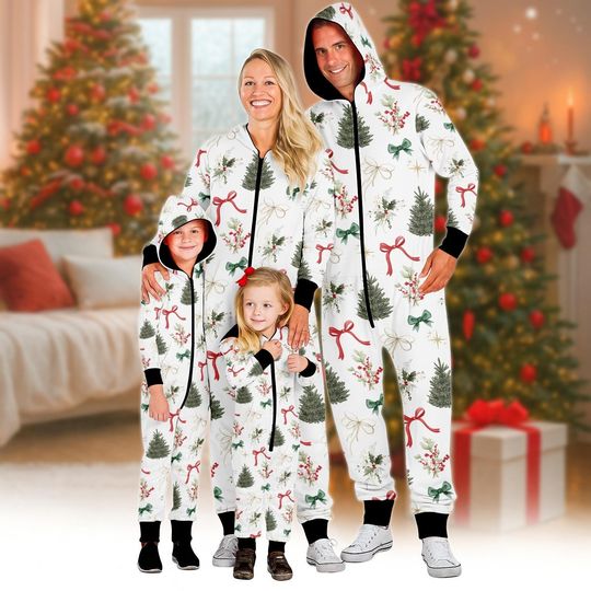 Discover Elegant White Christmas Family Onesie Pajamas, Holiday Tree and Ribbon Matching Jumpsuit, Cozy Festive Outfit Gift for Family